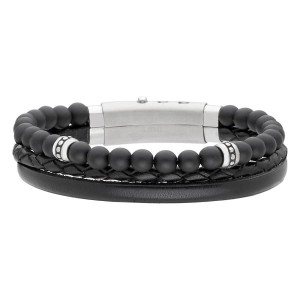 Bransoletka Męska Manoki Skórzana z czarnymi kulkami onyksu i charmsami  BA1070B