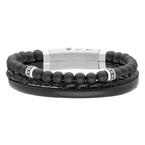 Bransoletka Męska Manoki Skórzana z czarnymi kulkami onyksu i charmsami  BA1070B