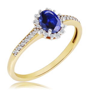 Złoty Pierścionek z szafirem i diamentami 0,65ct   