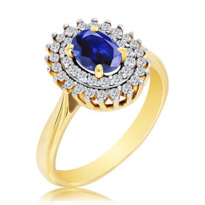 Złoty Pierścionek z szafirem i diamentami 1,49ct     