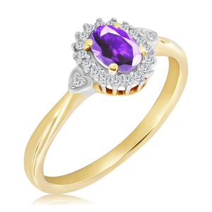 Złoty Pierścionek z ametystem i diamentami 0,48ct