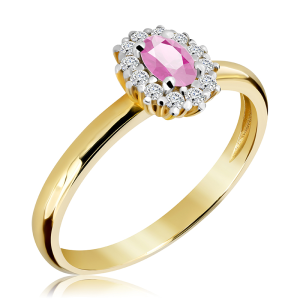 Złoty Pierścionek z szafirem różowym i diamentami 0,64ct 