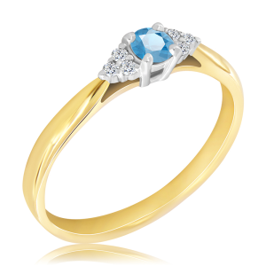 Złoty Pierścionek z  akwamarynem i diamentami 0,22ct   