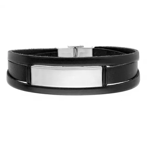 Bransoletka męska Manoki BA1138B czarne rzemienie ze stalową blachą